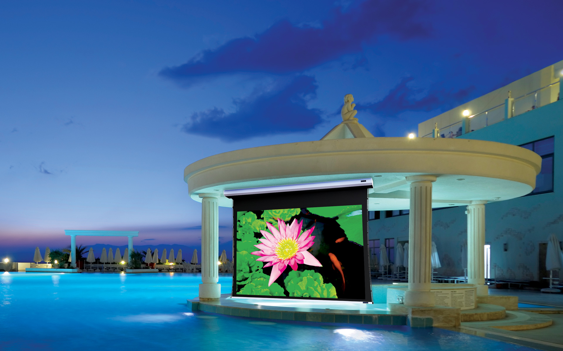 Example of electronically controlled retractable projection screens in Calgary, designed specifically for outdoor use. 