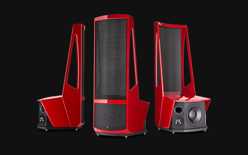 Neolith red and black speakers in Calgary, a part of a high end hifi stereo system at K&W Audio.