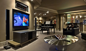 Sleek Samsung 8K TV mounted in a modern Calgary living room by K&W Audio.