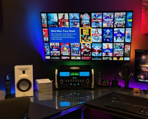 Close up of 8K LED TV seamlessly integrated into a Calgary home office by K&W Audio.